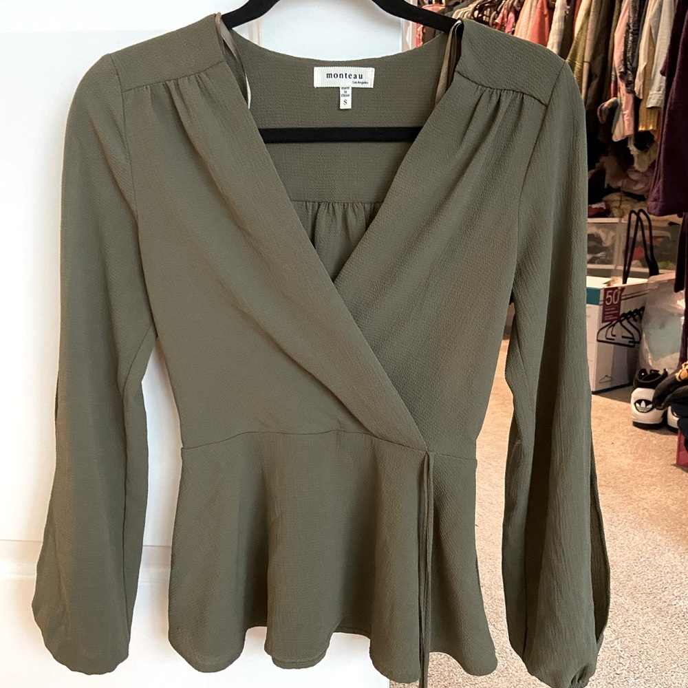 Monteau Faux Wrap Olive Green Blouse NWOT